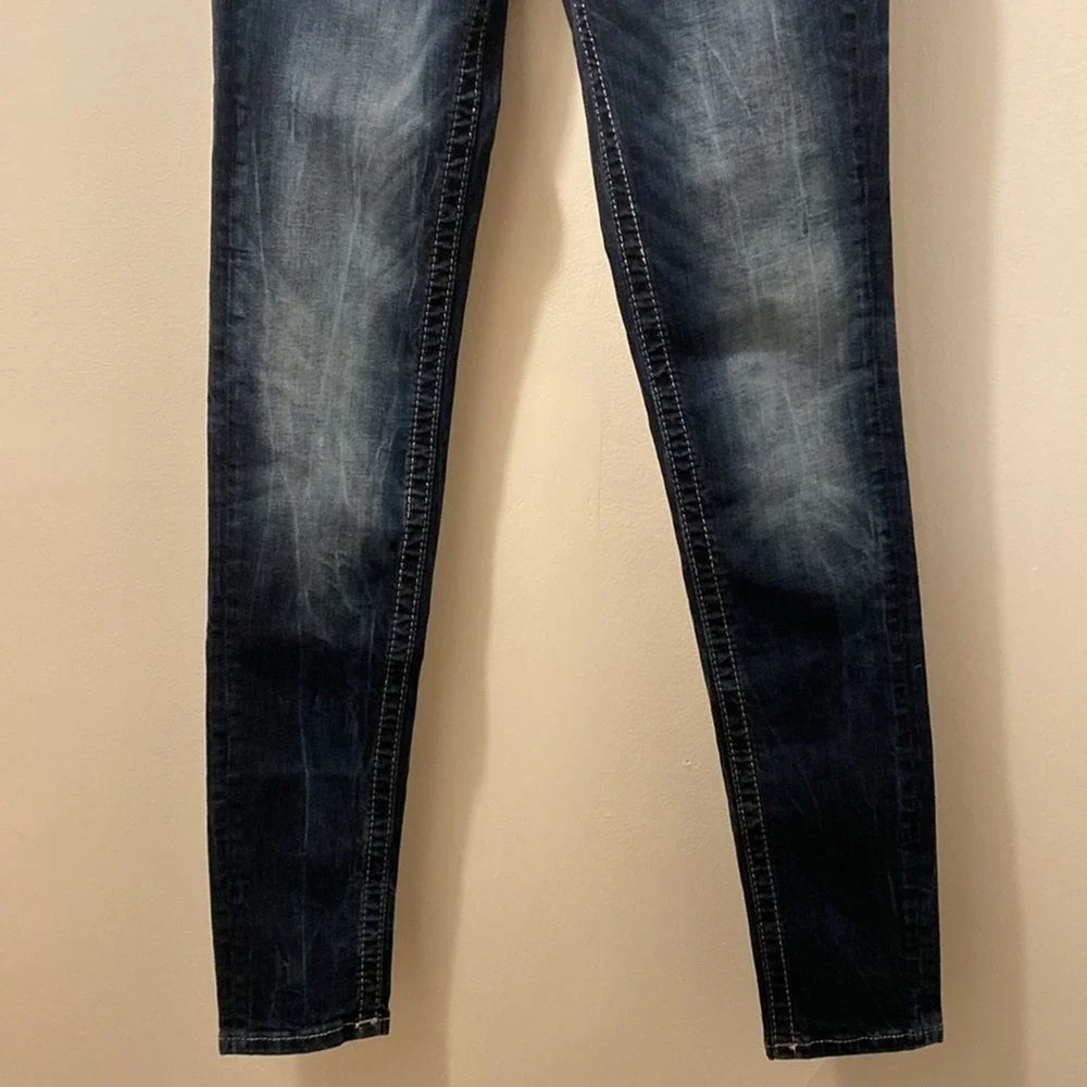Miss‎ Me Dark Wash Signature Skinny Distressed Shiny Stitched Jeans 25